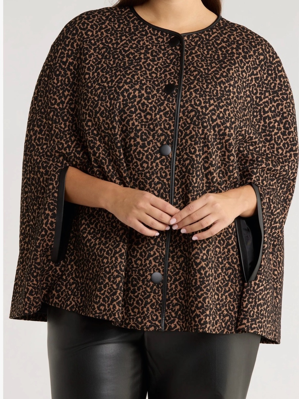 Kasper Leopard-Print Cape Jacket in Black & Brown